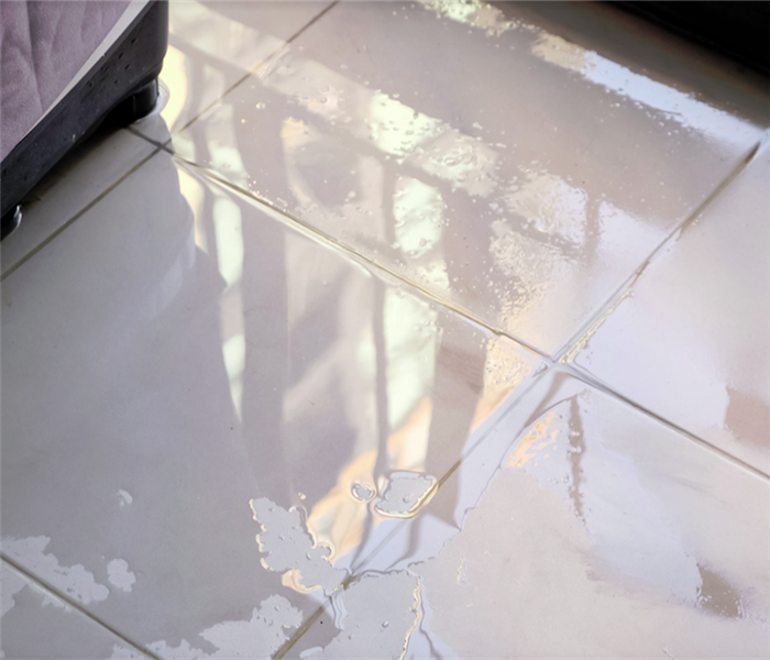 a puddle of water covering the tile floor